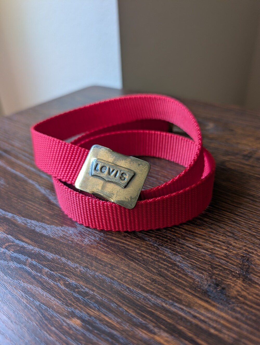 Vintage 80s Levi's Red Nylon Strap Brass Buckle Adjustable Belt